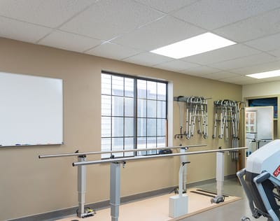 Physical therapy equipment in an exercise room