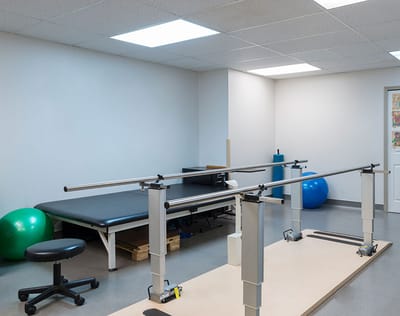 Rehabilitation therapy room with equipment