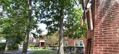 Exterior view of Birchwood Suites surrounded by trees