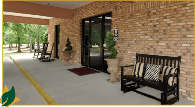 Exterior view of Woodland Village Nursing Center entrance