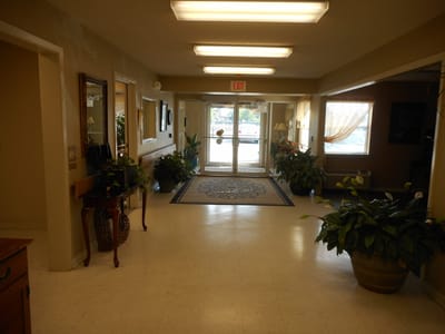 Interior hallway with plants and decorative items