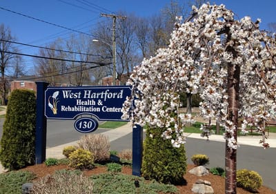 Facility sign with blooming trees in spring