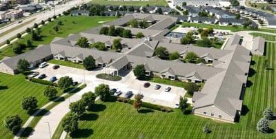 Aerial view of Yankee Hill Village buildings and landscaping.