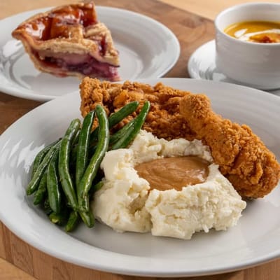 A plate of fried chicken, mashed potatoes, and green beans
