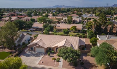 Aerial view of a residential area with home