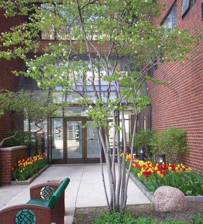 Outdoor entrance with trees and flowers at The Oaks.