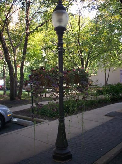 A decorative lamp post with hanging plants.