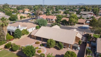 Aerial view of an assisted living facility's outdoor area.