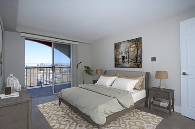 Cozy bedroom with balcony view