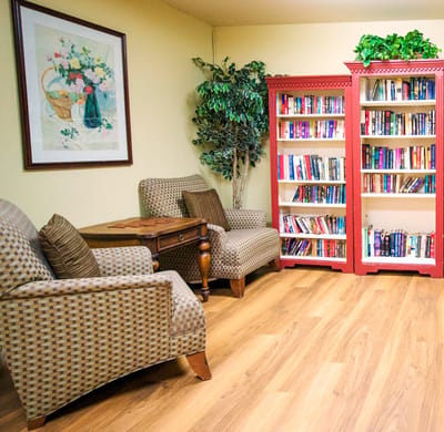 Cozy reading area with bookshelves and seating