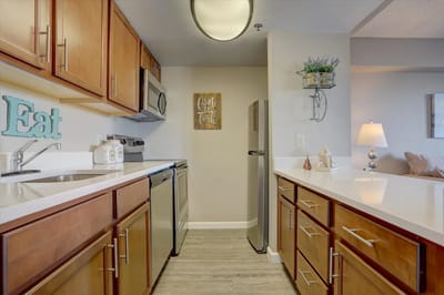 Well-equipped assisted living kitchen space.