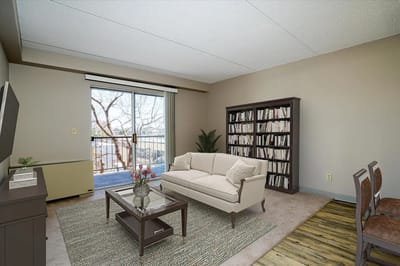 Bright living space with bookshelves and a balcony view.