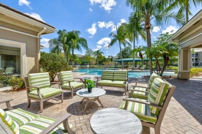 Outdoor seating area by the pool surrounded by palm trees