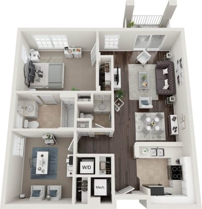 Architectural floor plan of a one-bedroom unit
