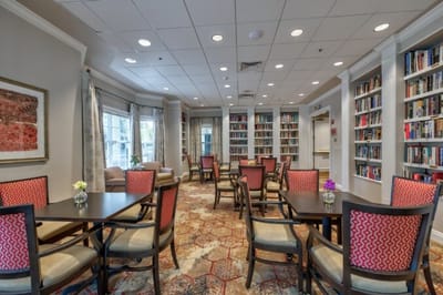Bright interior of a common area with bookshelves