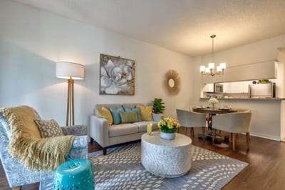 Bright living area with comfortable furniture and decor