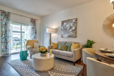 Cozy living room with stylish decor and natural light