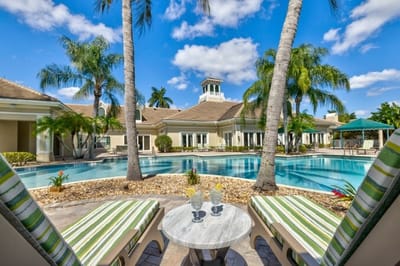 Beautiful outdoor pool area surrounded by palm trees