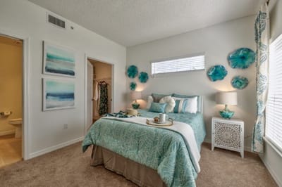 Cozy bedroom with turquoise decor and furnishings