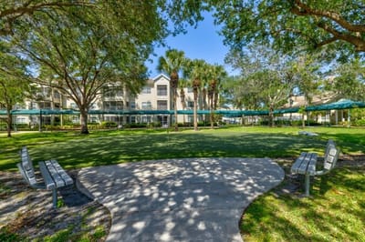 View of landscaped outdoor area with seating
