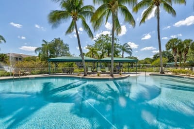 Serene pool area surrounded by palm trees