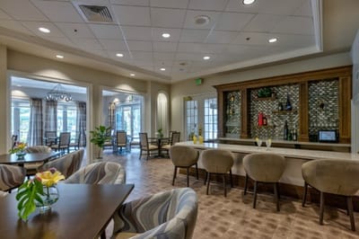 Interior view of a cozy common area with seating