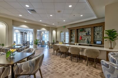 Bright, inviting common area with seating