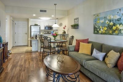 Cozy living area with kitchen and dining table