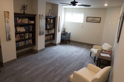 Cozy interior with bookshelves and seating area