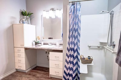 Modern bathroom with a shower and vanity area