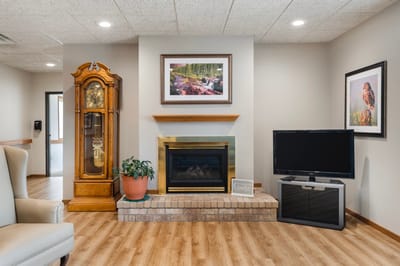 Cozy common area with fireplace and seating