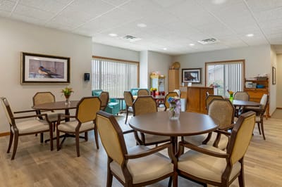 Bright interior common area with seating and decor