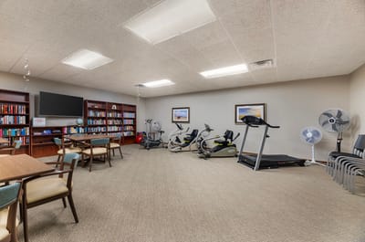 Interior fitness area with exercise equipment