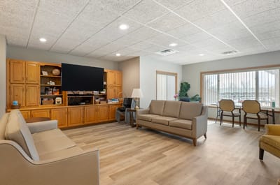 Interior view of a common area with seating and decor