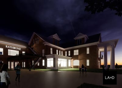 Exterior view of Rathbone Home with people in the foreground