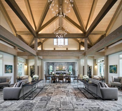 Bright and spacious lobby with rustic design elements