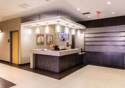 Reception area of a senior living facility with modern decor