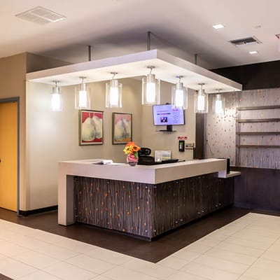 Reception area with modern decor and lighting