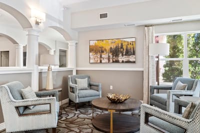 Bright common area with seating and decor