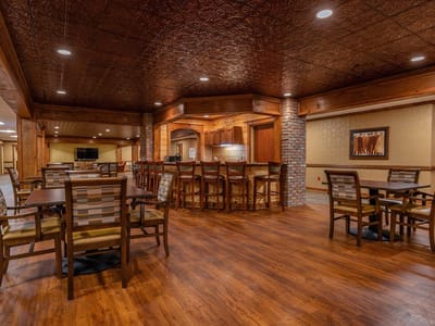 Interior view of a common area with dining furniture