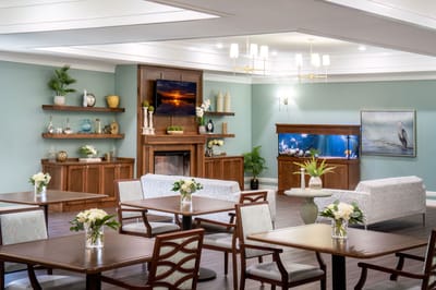 Bright dining area with tables and decor