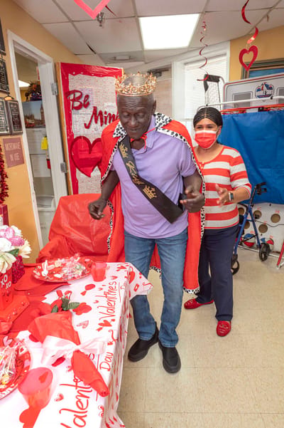 Residents celebrating Valentine's Day with decorations