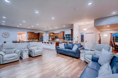 Bright and spacious common area with seating