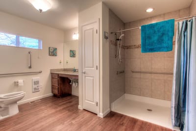 Interior bathroom of a resident unit with accessibility features