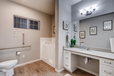 Brightly lit bathroom with accessible features