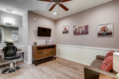 Cozy interior space with salon chair and artwork