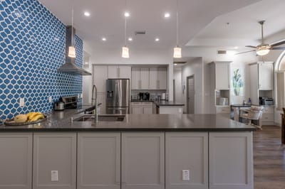 Modern kitchen with blue accent wall and countertop