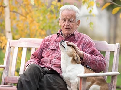 An elderly man petting a dog on a bench outdoors