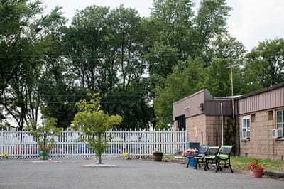 Outdoor seating area with planters and trees