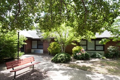 Outdoor garden area with benches and trees